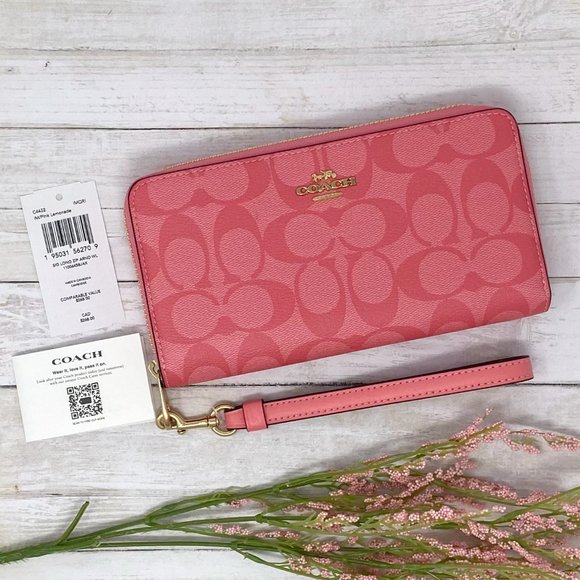 NEW Coach Long Zip Around Wallet in Signature Canvas in Gold/Pink Lemonade - Picture 2 of 6